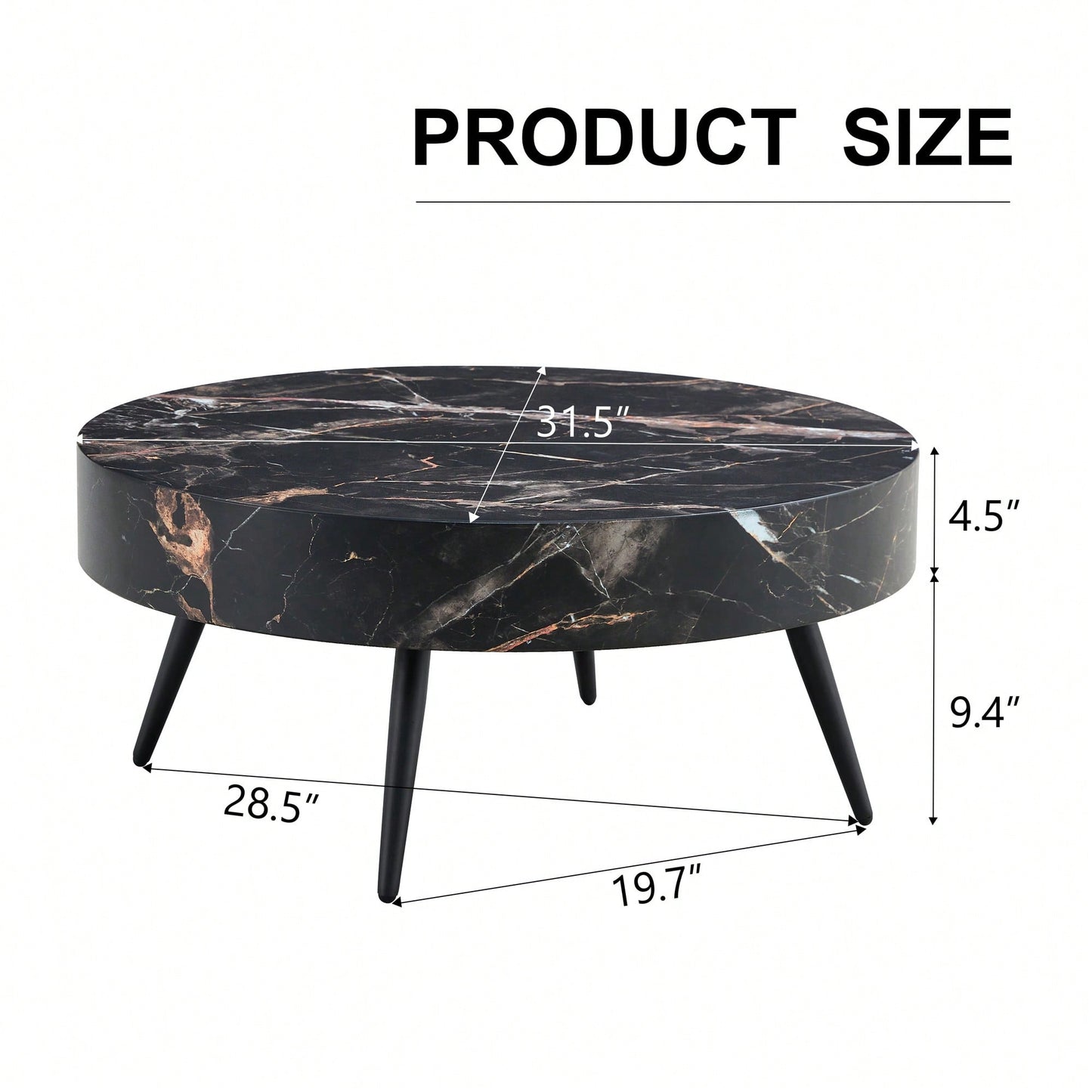 Marble Round Coffee Table With Black Metal Legs And Adjustable Feet White