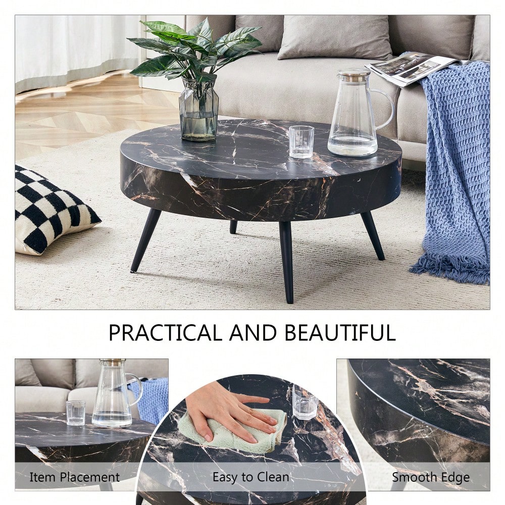 Marble Round Coffee Table With Black Metal Legs And Adjustable Feet White