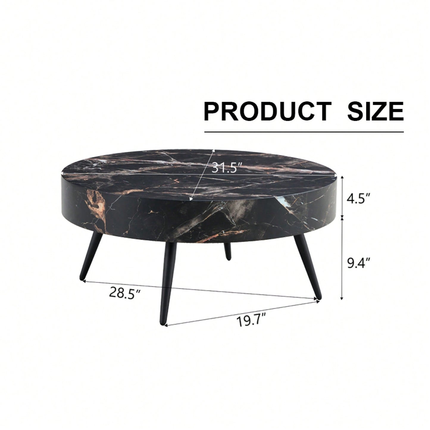 Marble Round Coffee Table With Black Metal Legs And Adjustable Feet White