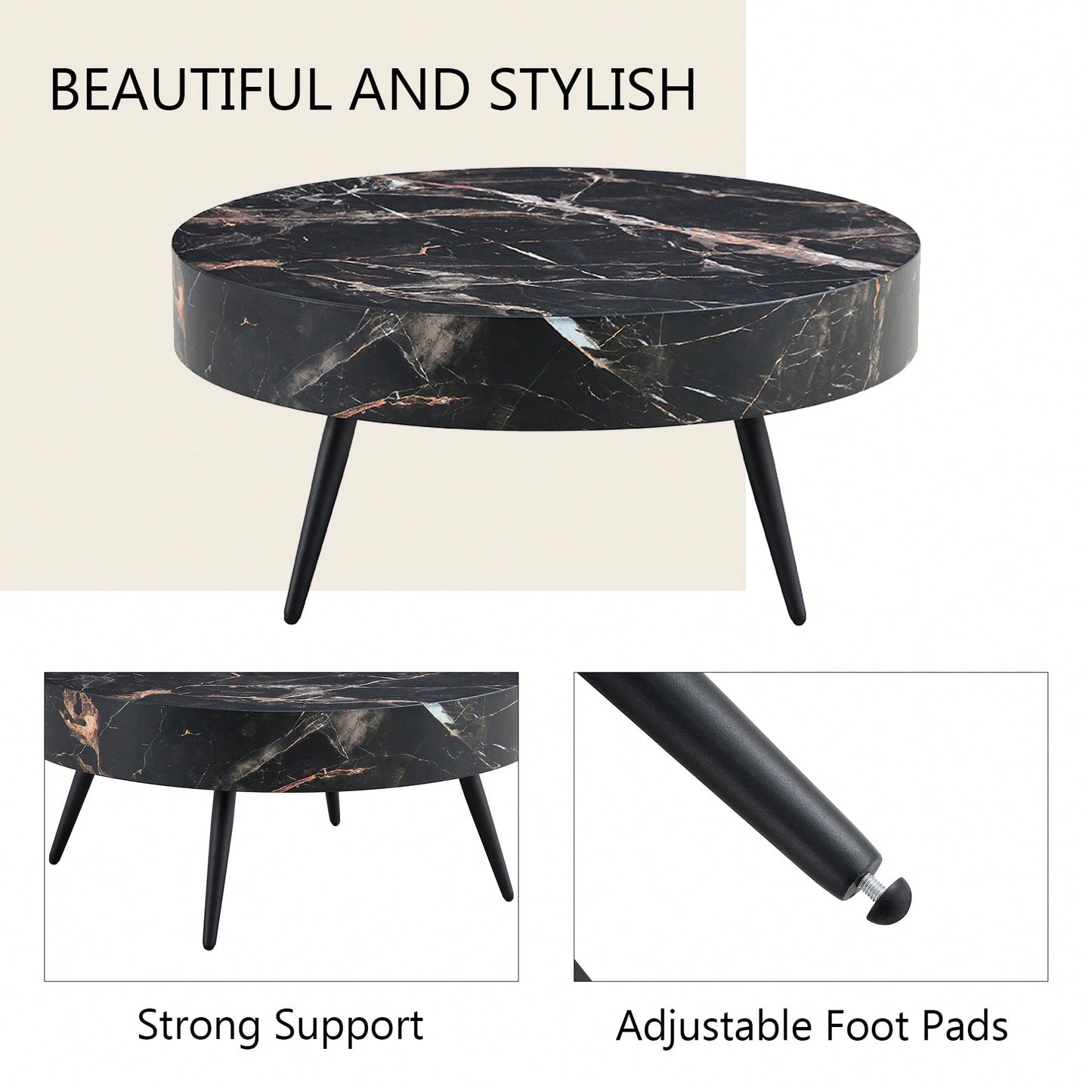 Marble Round Coffee Table With Black Metal Legs And Adjustable Feet White