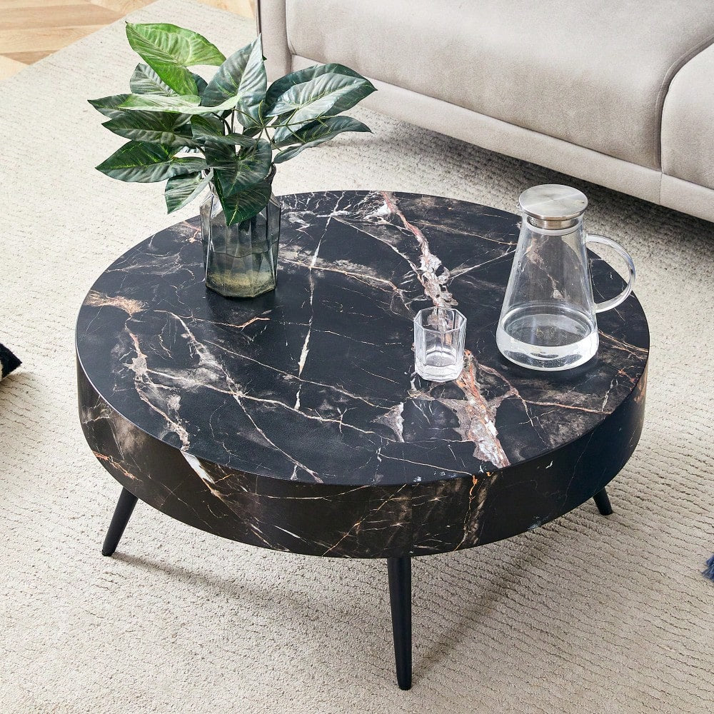 Marble Round Coffee Table With Black Metal Legs And Adjustable Feet White