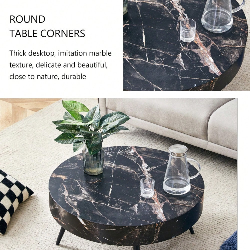 Marble Round Coffee Table With Black Metal Legs And Adjustable Feet White