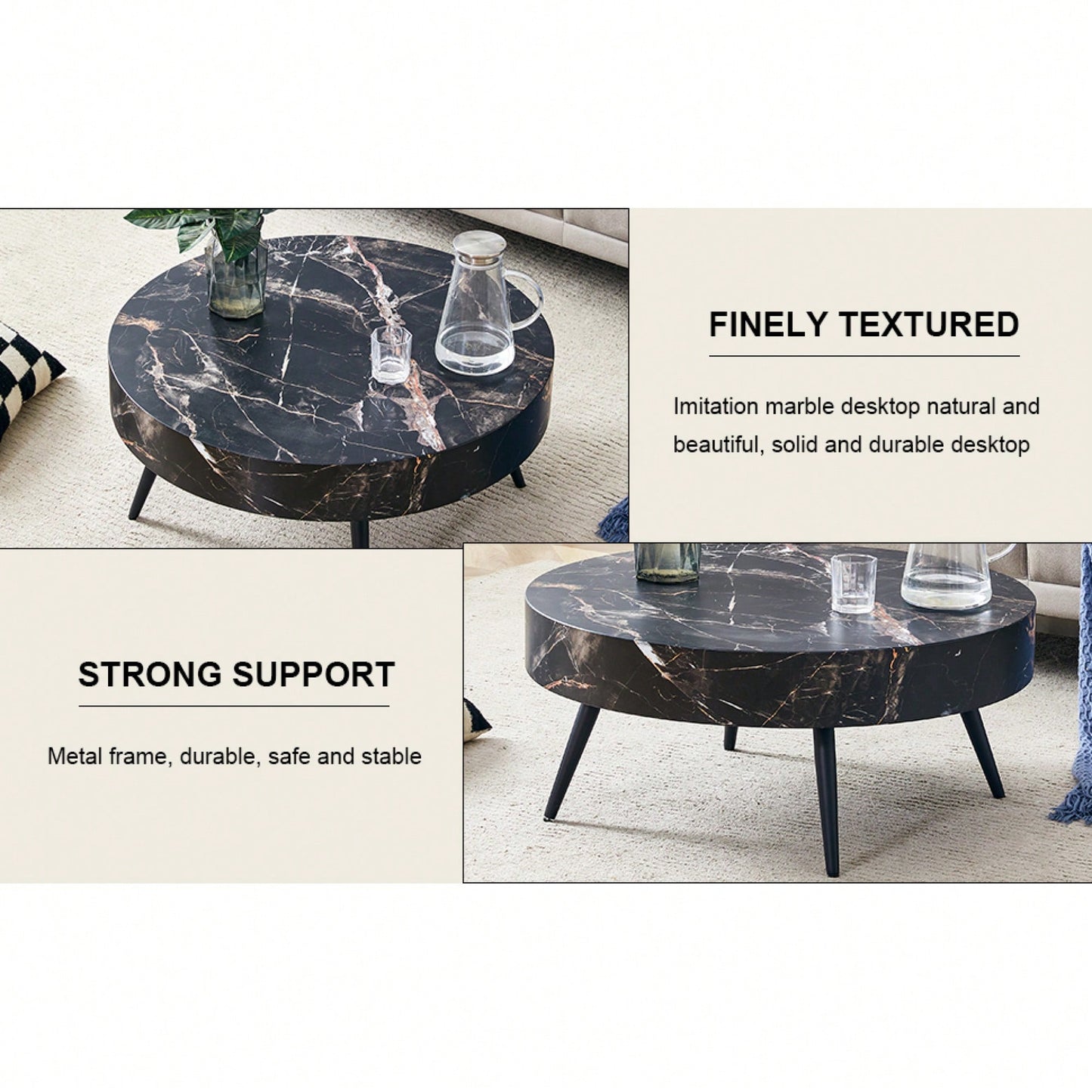 Marble Round Coffee Table With Black Metal Legs And Adjustable Feet White