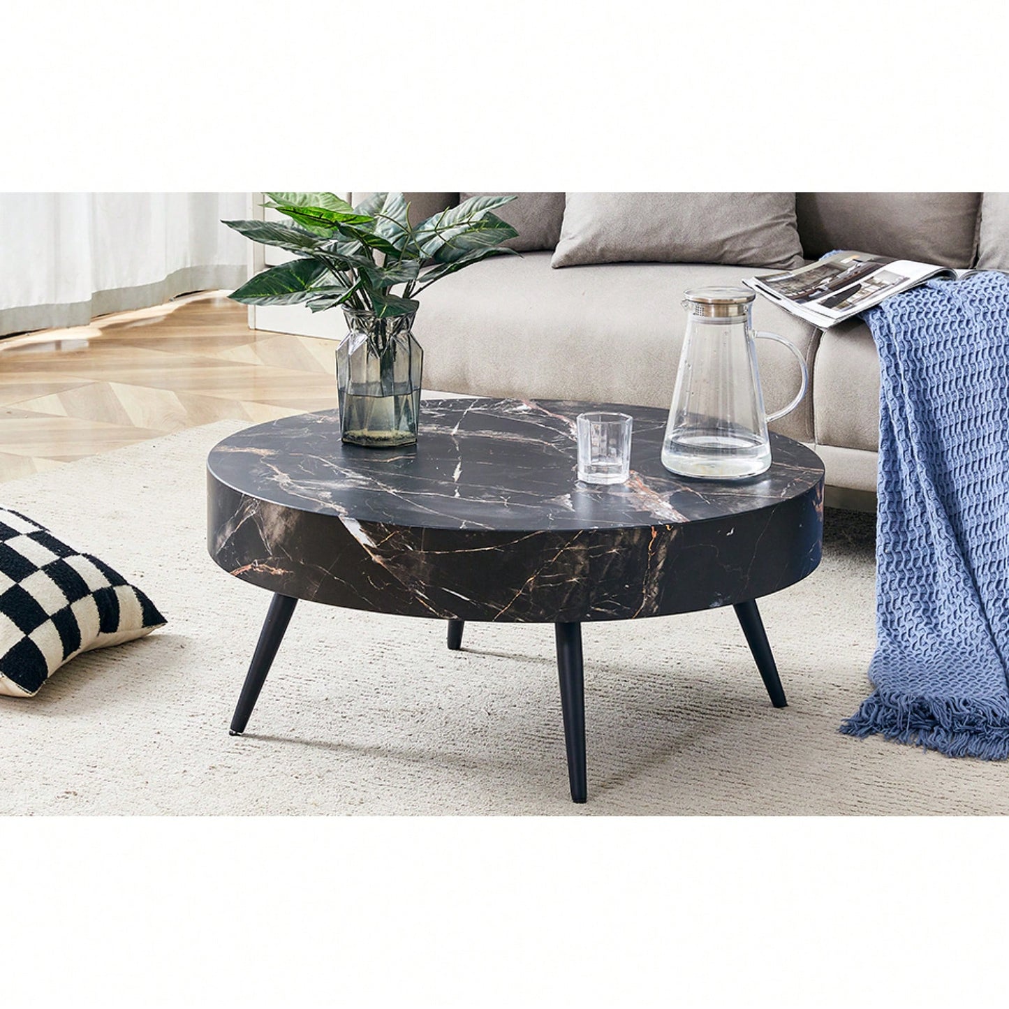 Marble Round Coffee Table With Black Metal Legs And Adjustable Feet White