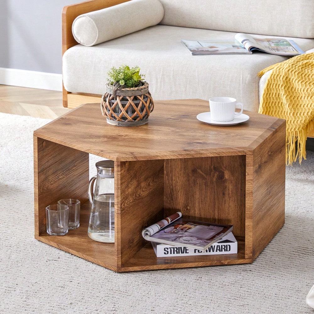 Hexagonal MDF Coffee Table With Unique Pattern Stickers And Multi-Hole Design For Enhanced Storage And Versatile Style