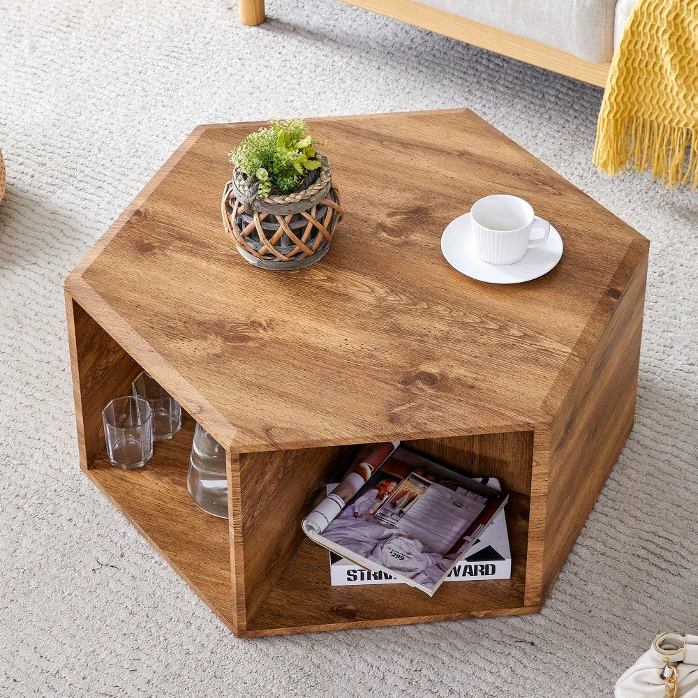 Hexagonal MDF Coffee Table With Unique Pattern Stickers And Multi-Hole Design For Enhanced Storage And Versatile Style