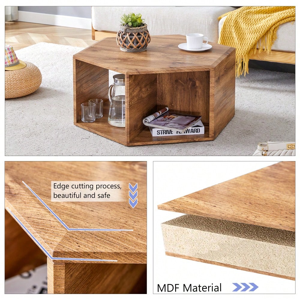 Hexagonal MDF Coffee Table With Unique Pattern Stickers And Multi-Hole Design For Enhanced Storage And Versatile Style
