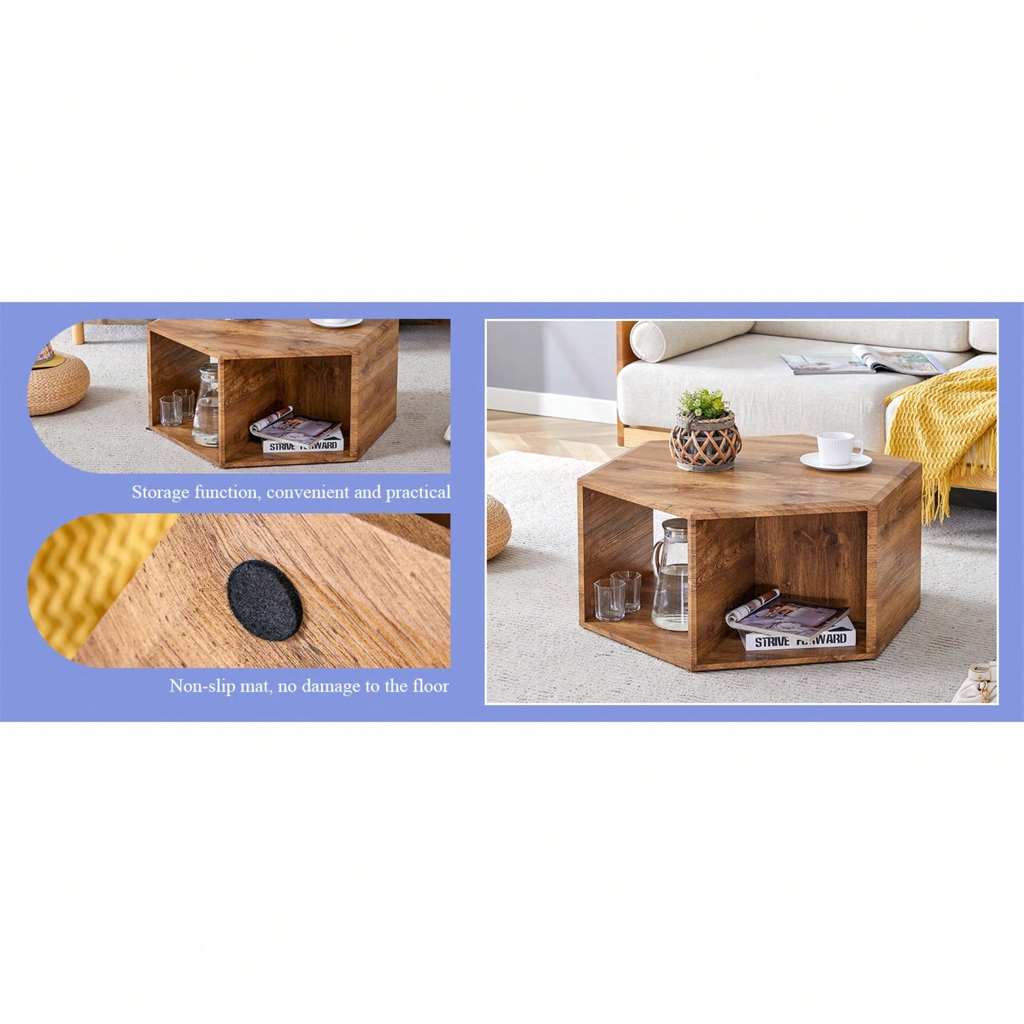 Hexagonal MDF Coffee Table With Unique Pattern Stickers And Multi-Hole Design For Enhanced Storage And Versatile Style