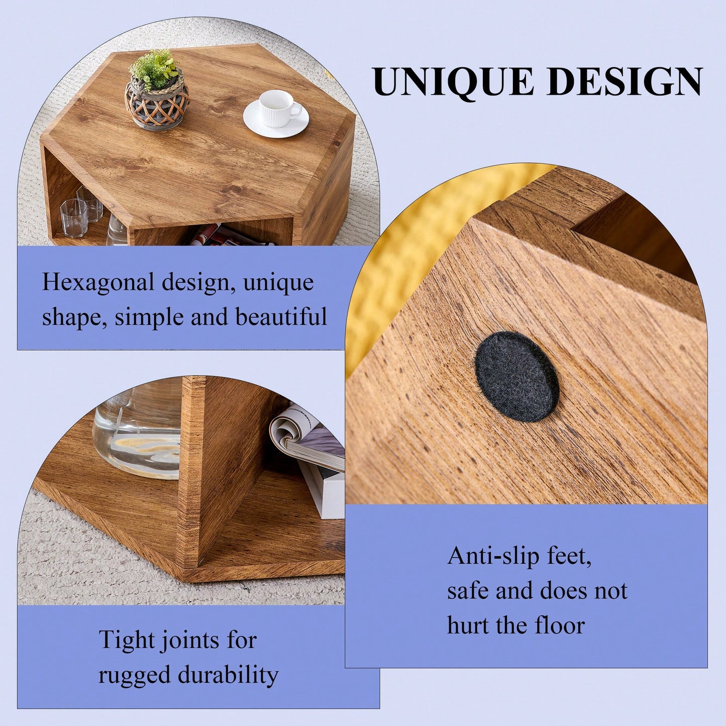 Hexagonal MDF Coffee Table With Unique Pattern Stickers And Multi-Hole Design For Enhanced Storage And Versatile Style