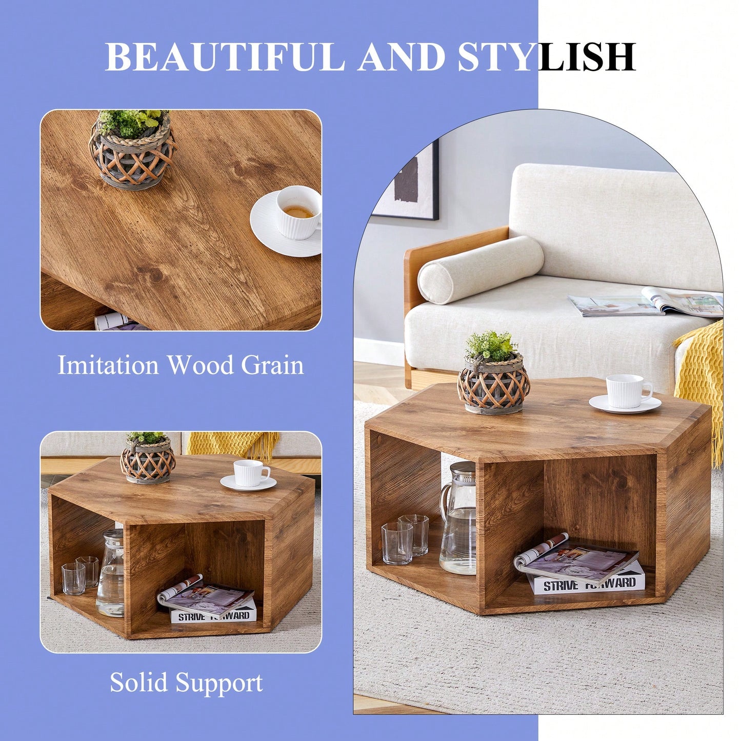 Hexagonal MDF Coffee Table With Unique Pattern Stickers And Multi-Hole Design For Enhanced Storage And Versatile Style