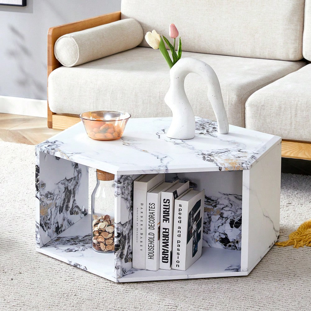 Hexagonal MDF Coffee Table With Unique Pattern Stickers And Multi-Hole Design For Enhanced Storage And Versatile Style