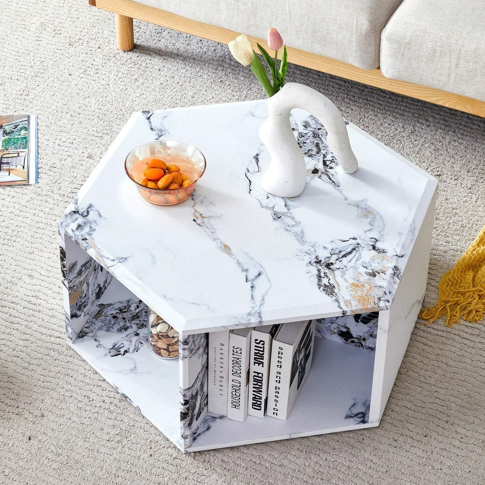 Hexagonal MDF Coffee Table With Unique Pattern Stickers And Multi-Hole Design For Enhanced Storage And Versatile Style
