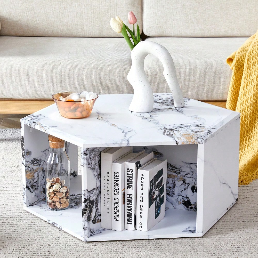 Hexagonal MDF Coffee Table With Unique Pattern Stickers And Multi-Hole Design For Enhanced Storage And Versatile Style