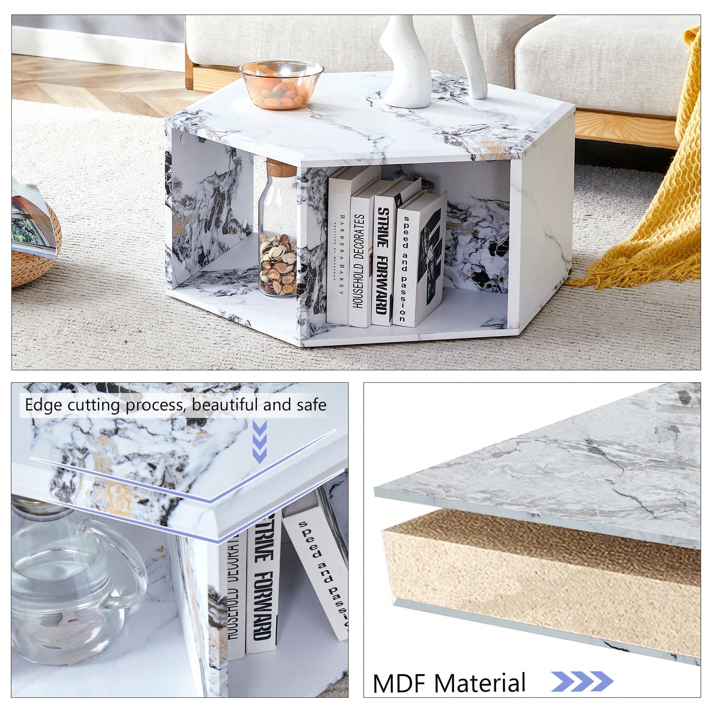 Hexagonal MDF Coffee Table With Unique Pattern Stickers And Multi-Hole Design For Enhanced Storage And Versatile Style