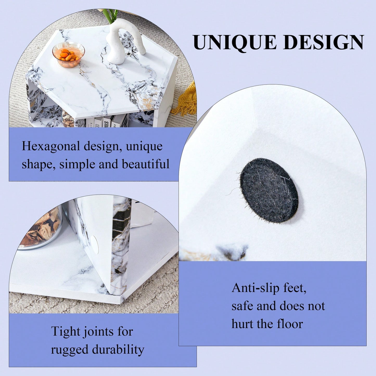 Hexagonal MDF Coffee Table With Unique Pattern Stickers And Multi-Hole Design For Enhanced Storage And Versatile Style