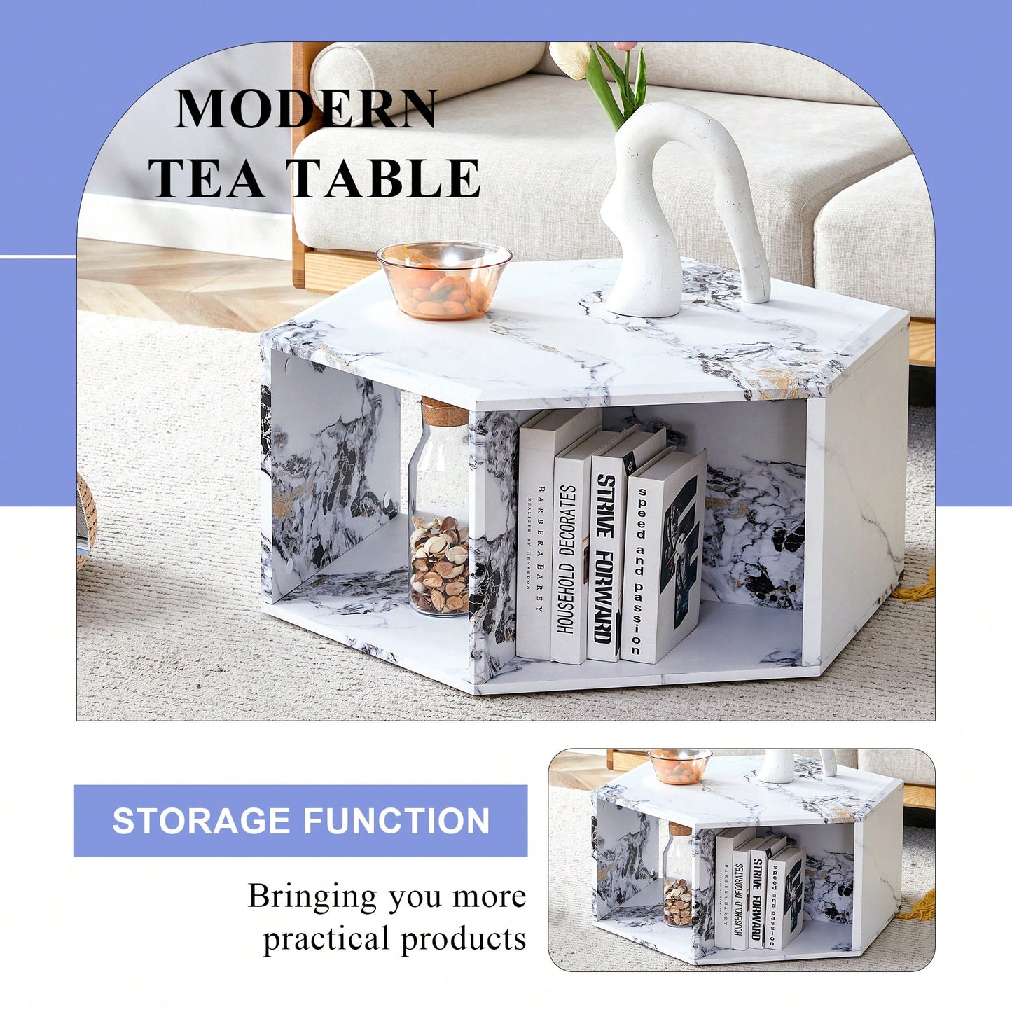 Hexagonal MDF Coffee Table With Unique Pattern Stickers And Multi-Hole Design For Enhanced Storage And Versatile Style