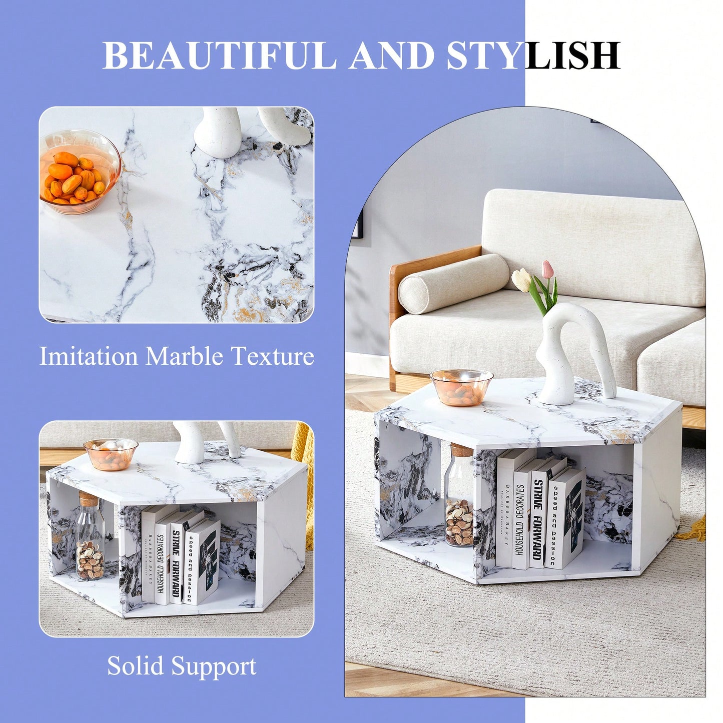 Hexagonal MDF Coffee Table With Unique Pattern Stickers And Multi-Hole Design For Enhanced Storage And Versatile Style