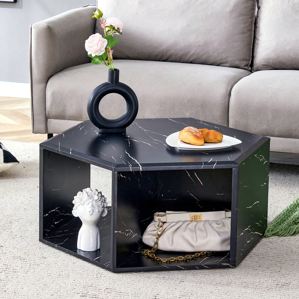 Hexagonal MDF Coffee Table With Unique Pattern Stickers And Multi-Hole Design For Enhanced Storage And Versatile Style