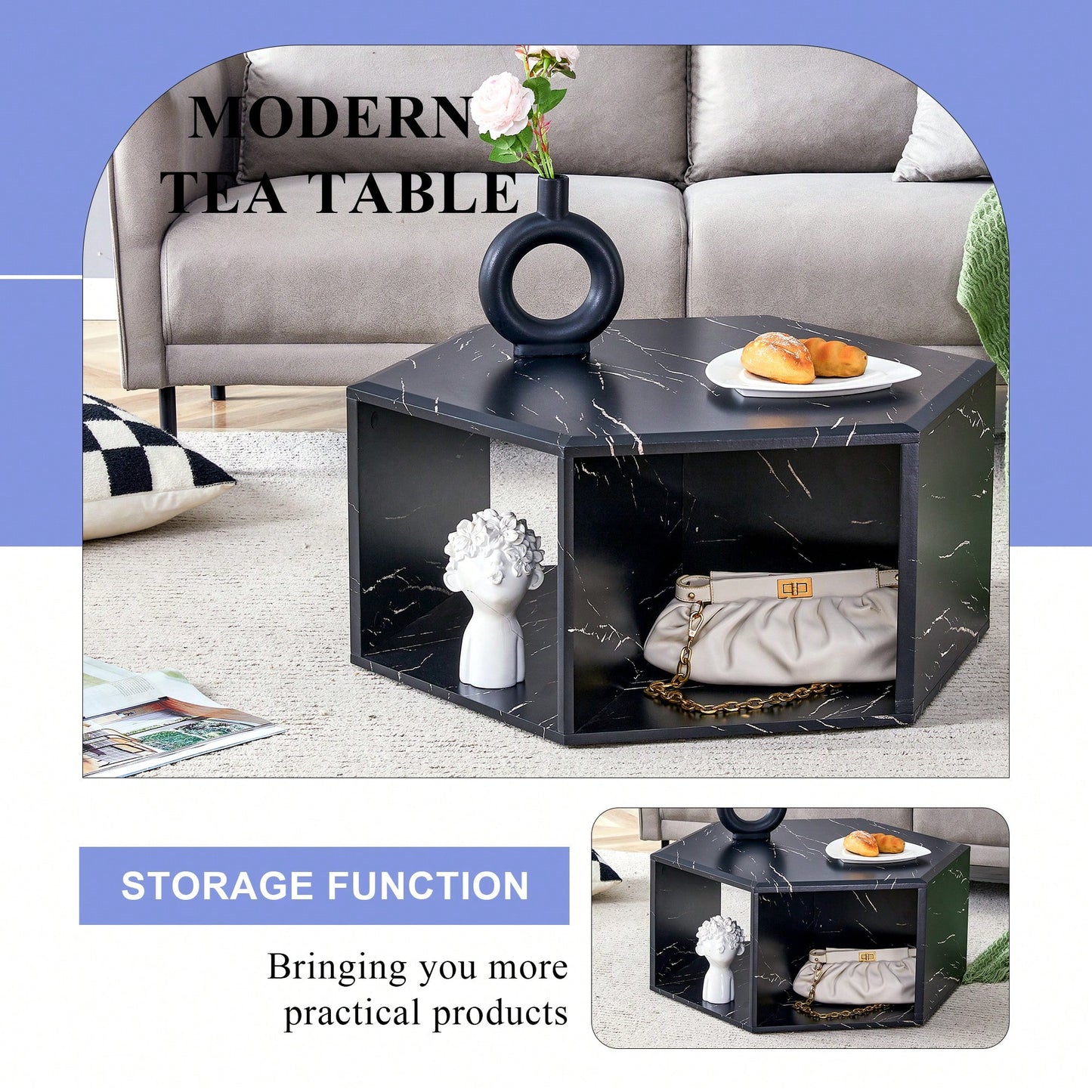 Hexagonal MDF Coffee Table With Unique Pattern Stickers And Multi-Hole Design For Enhanced Storage And Versatile Style