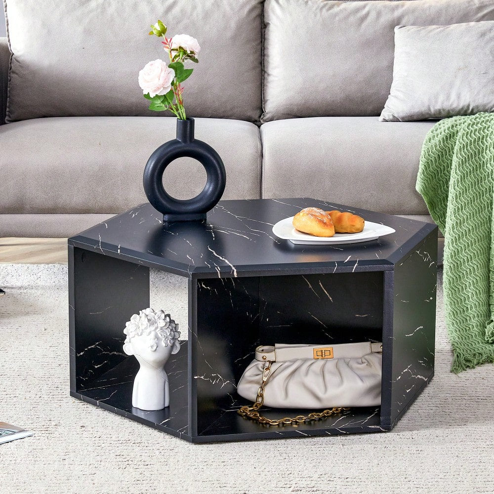 Hexagonal MDF Coffee Table With Unique Pattern Stickers And Multi-Hole Design For Enhanced Storage And Versatile Style