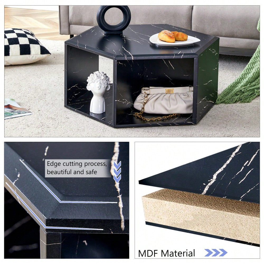 Hexagonal MDF Coffee Table With Unique Pattern Stickers And Multi-Hole Design For Enhanced Storage And Versatile Style