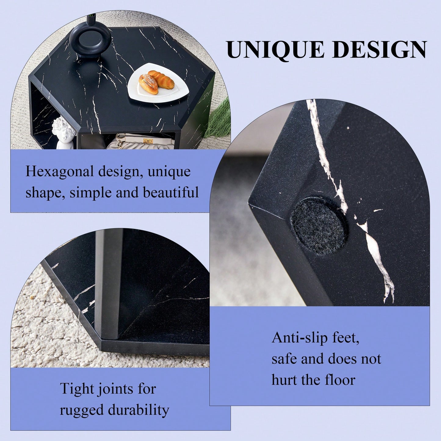 Hexagonal MDF Coffee Table With Unique Pattern Stickers And Multi-Hole Design For Enhanced Storage And Versatile Style