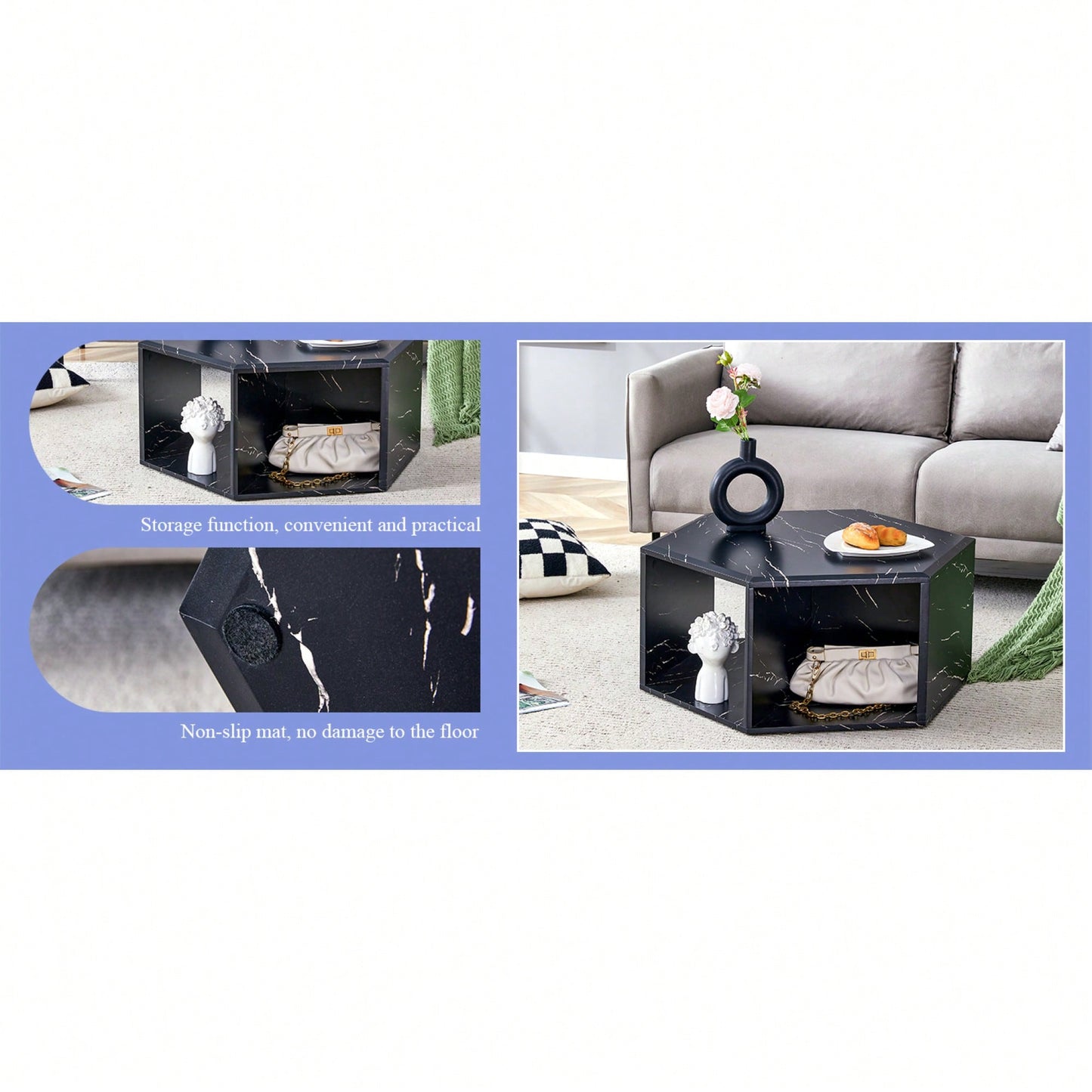 Hexagonal MDF Coffee Table With Unique Pattern Stickers And Multi-Hole Design For Enhanced Storage And Versatile Style