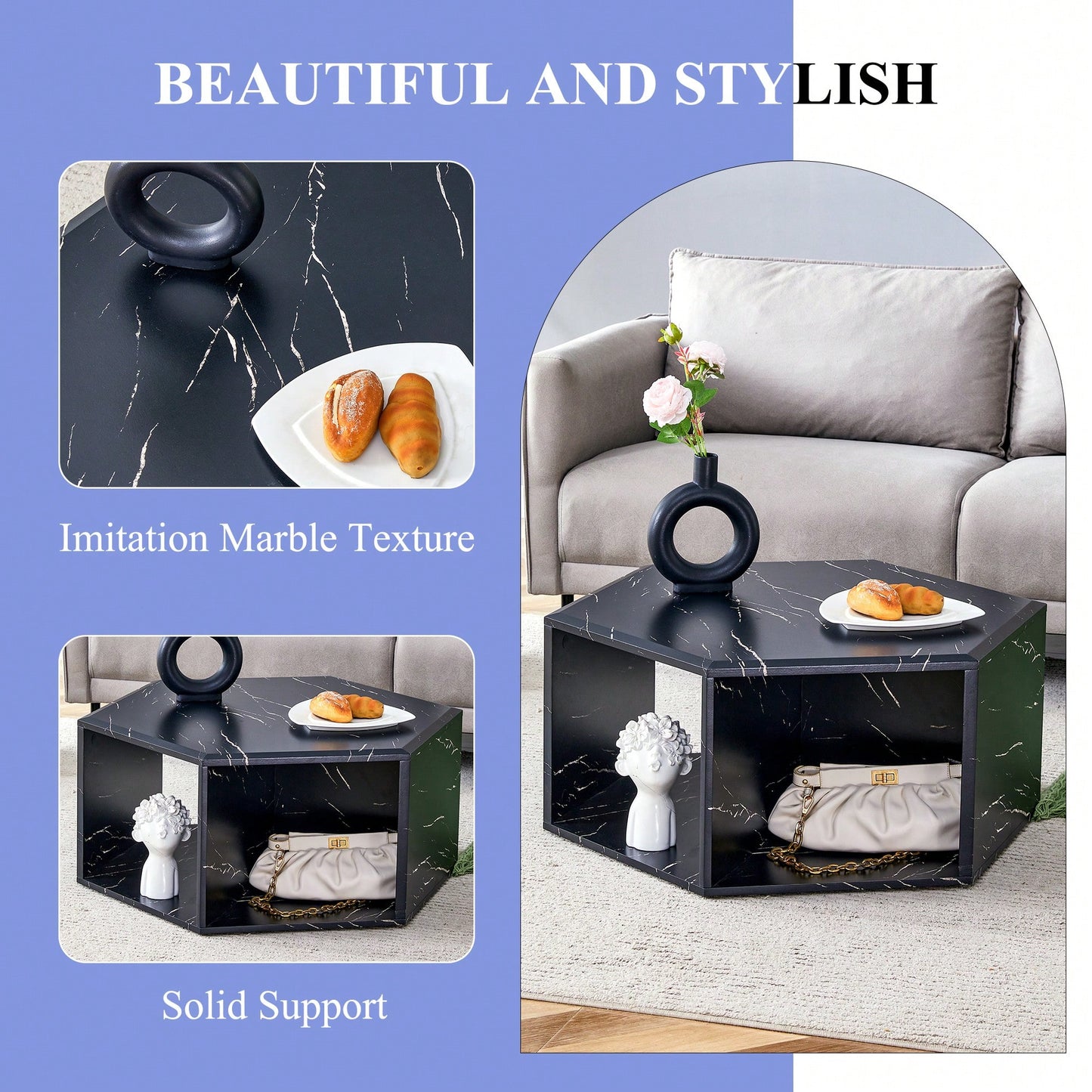 Hexagonal MDF Coffee Table With Unique Pattern Stickers And Multi-Hole Design For Enhanced Storage And Versatile Style