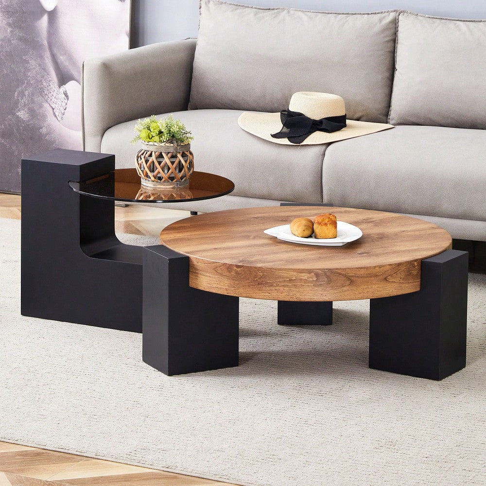 Modern Double-Layer Round Coffee Table With Transparent Gray Glass Top And Black MDF L-Shaped Legs Flexible Detachable Design