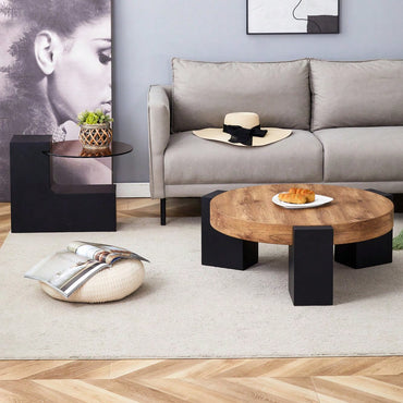 Modern Double-Layer Round Coffee Table With Transparent Gray Glass Top And Black MDF L-Shaped Legs Flexible Detachable Design