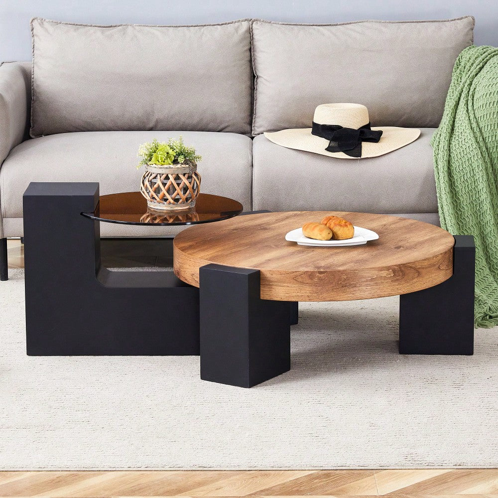 Modern Double-Layer Round Coffee Table With Transparent Gray Glass Top And Black MDF L-Shaped Legs Flexible Detachable Design