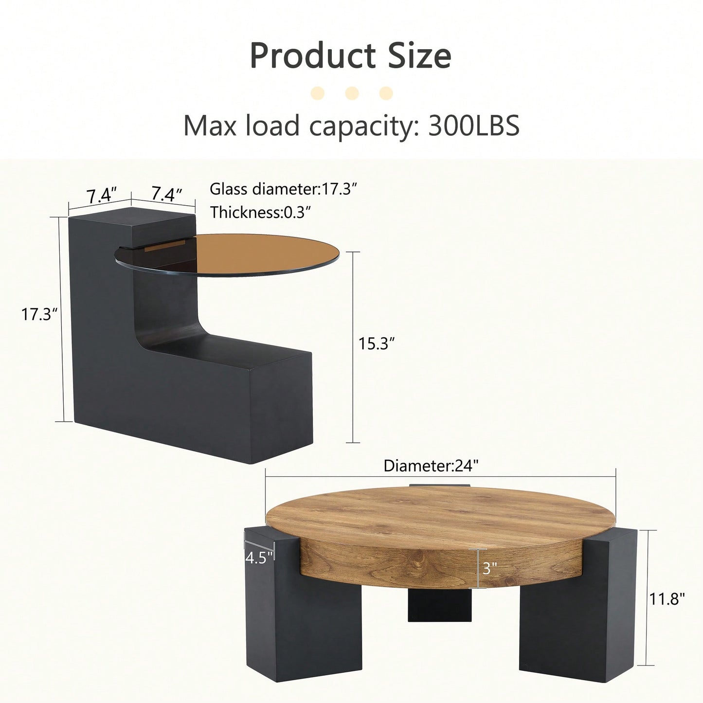 Modern Double-Layer Round Coffee Table With Transparent Gray Glass Top And Black MDF L-Shaped Legs Flexible Detachable Design