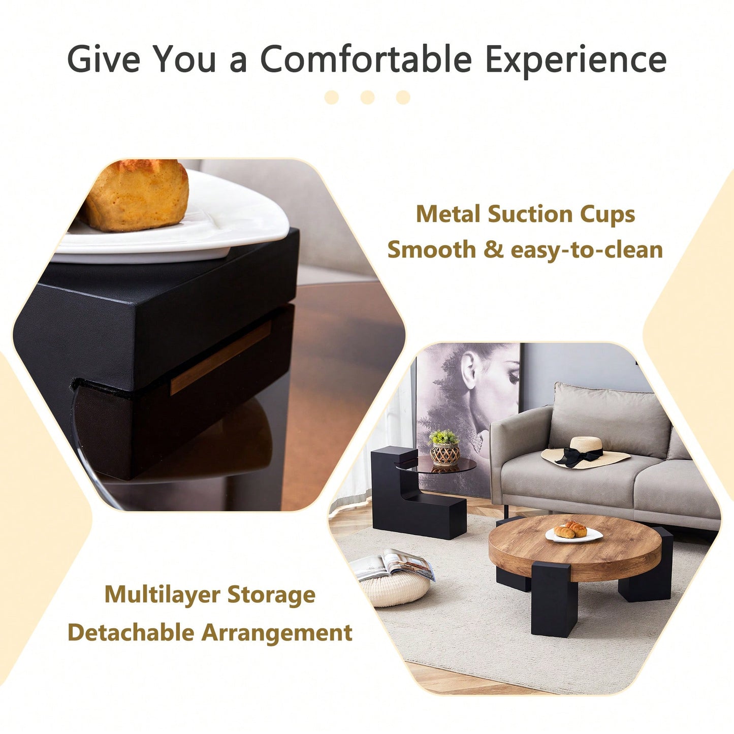 Modern Double-Layer Round Coffee Table With Transparent Gray Glass Top And Black MDF L-Shaped Legs Flexible Detachable Design