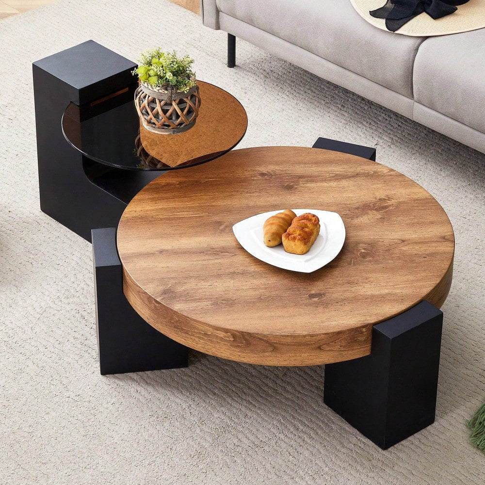 Modern Double-Layer Round Coffee Table With Transparent Gray Glass Top And Black MDF L-Shaped Legs Flexible Detachable Design