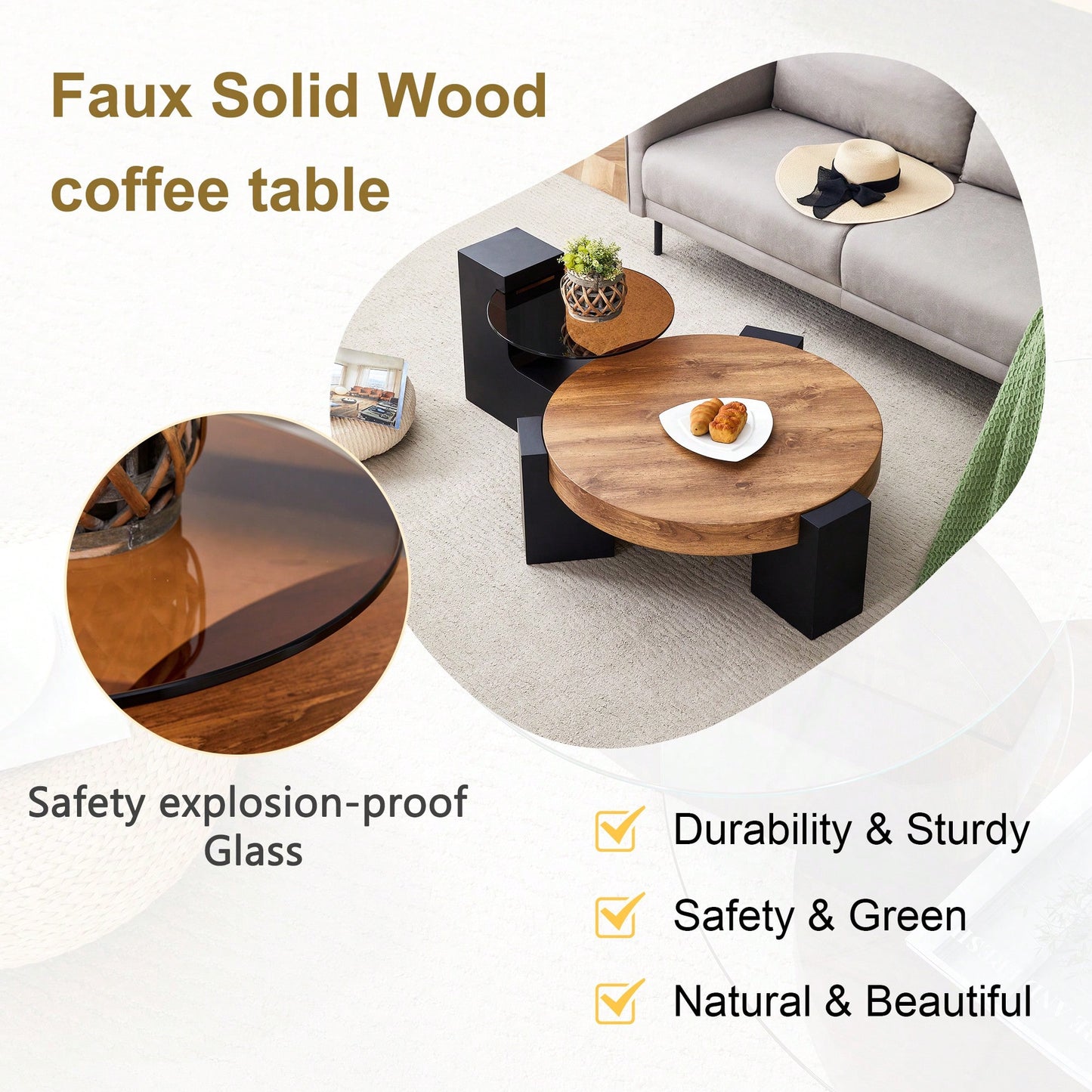 Modern Double-Layer Round Coffee Table With Transparent Gray Glass Top And Black MDF L-Shaped Legs Flexible Detachable Design