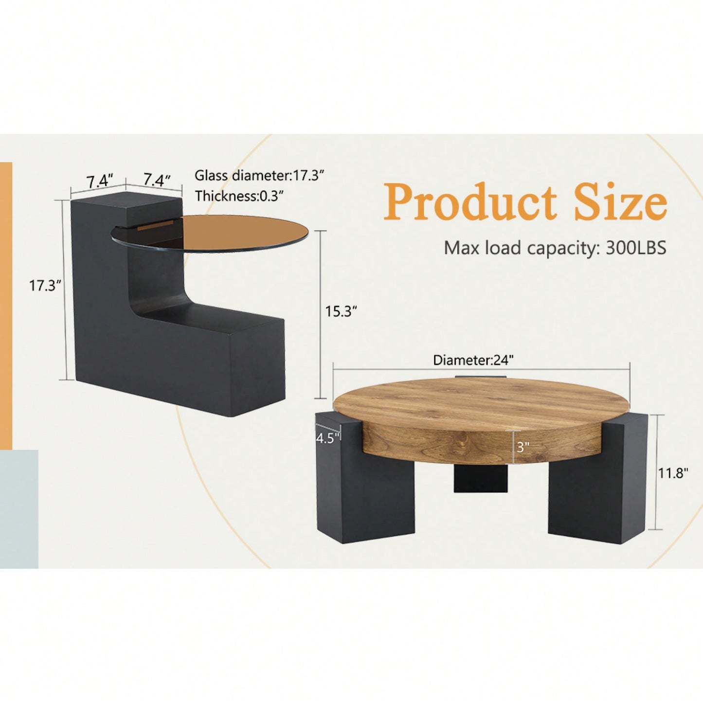 Modern Double-Layer Round Coffee Table With Transparent Gray Glass Top And Black MDF L-Shaped Legs Flexible Detachable Design