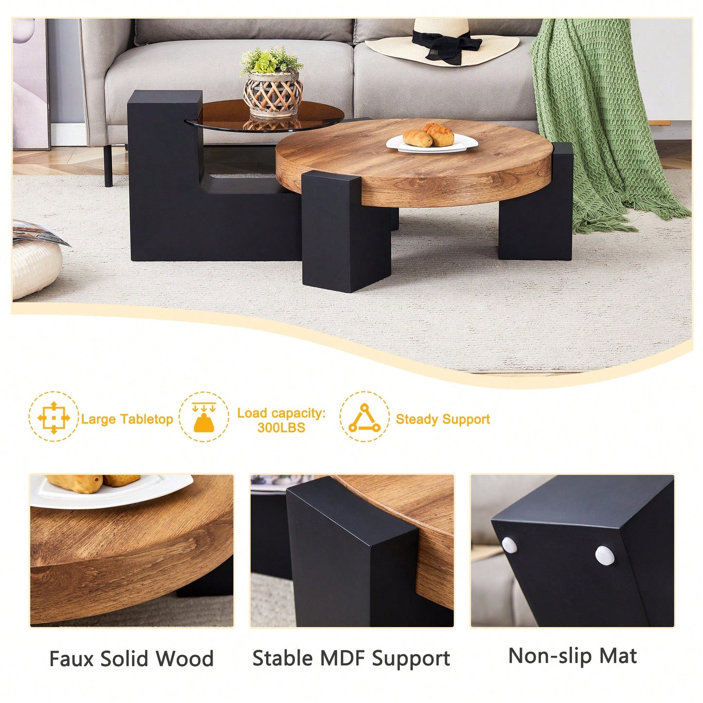 Modern Double-Layer Round Coffee Table With Transparent Gray Glass Top And Black MDF L-Shaped Legs Flexible Detachable Design