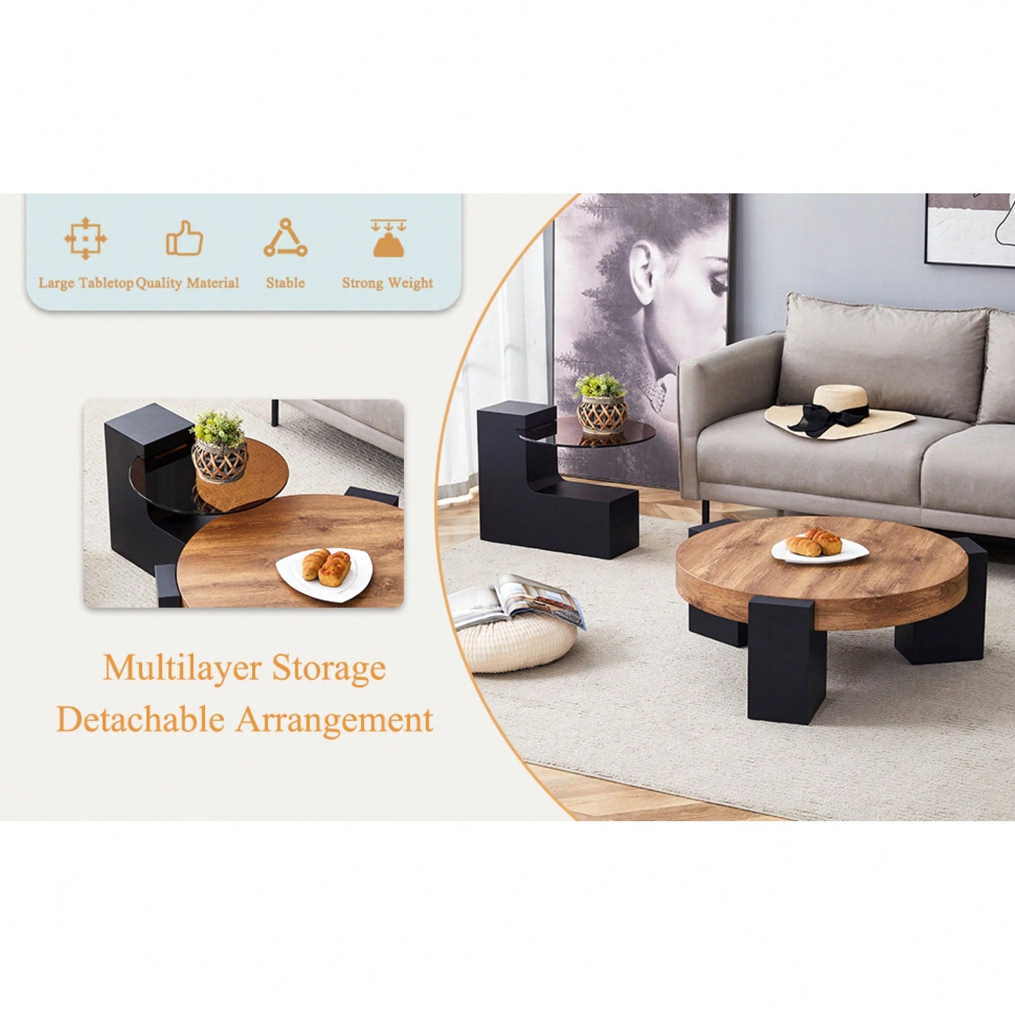 Modern Double-Layer Round Coffee Table With Transparent Gray Glass Top And Black MDF L-Shaped Legs Flexible Detachable Design