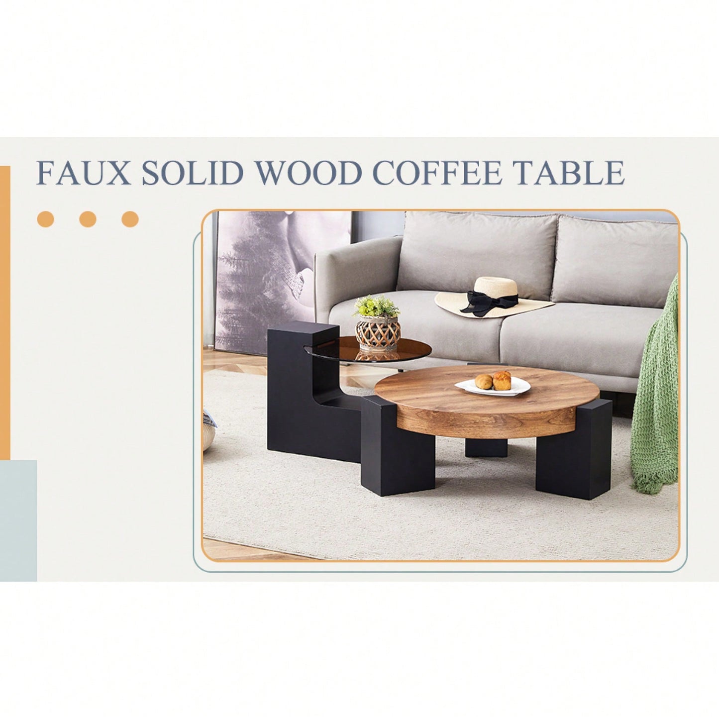 Modern Double-Layer Round Coffee Table With Transparent Gray Glass Top And Black MDF L-Shaped Legs Flexible Detachable Design