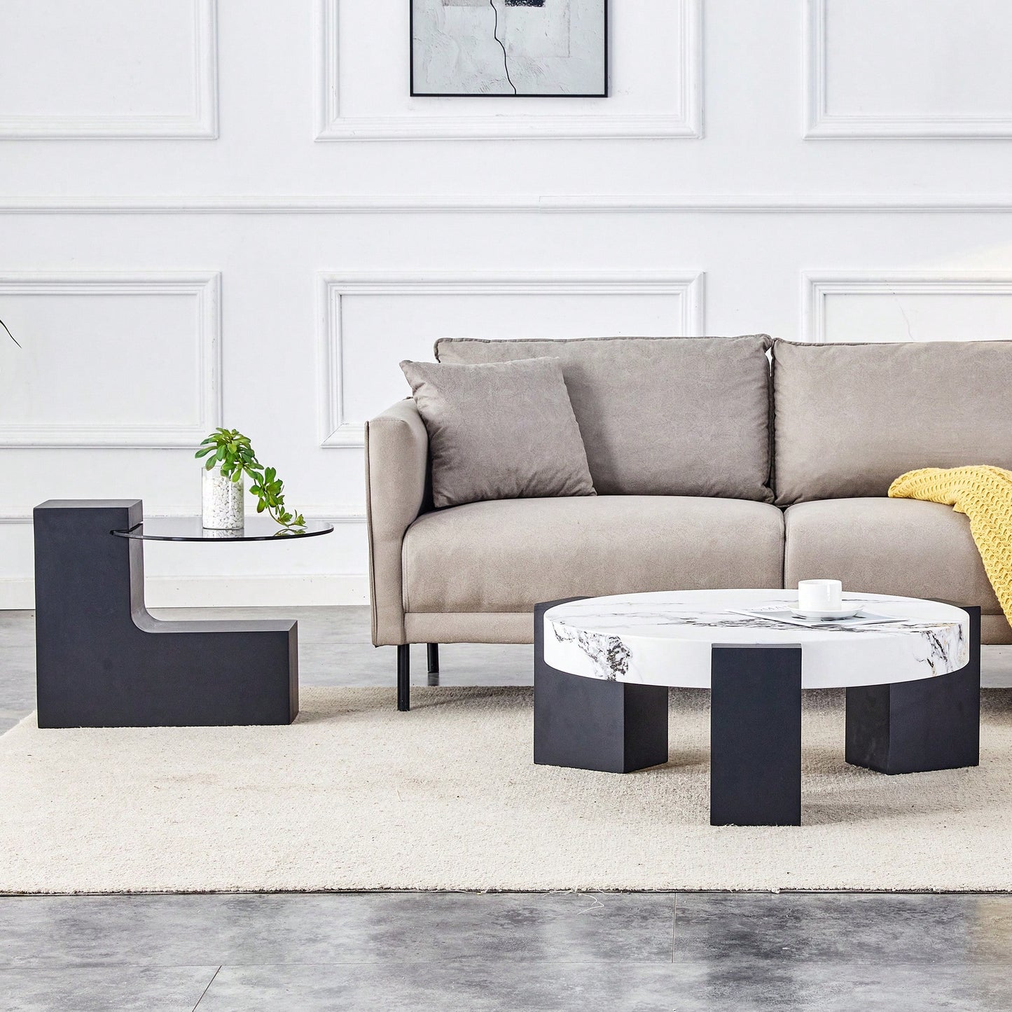 Modern Double-Layer Round Coffee Table With Transparent Gray Glass Top And Black MDF L-Shaped Legs Flexible Detachable Design