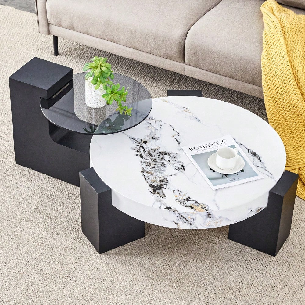 Modern Double-Layer Round Coffee Table With Transparent Gray Glass Top And Black MDF L-Shaped Legs Flexible Detachable Design