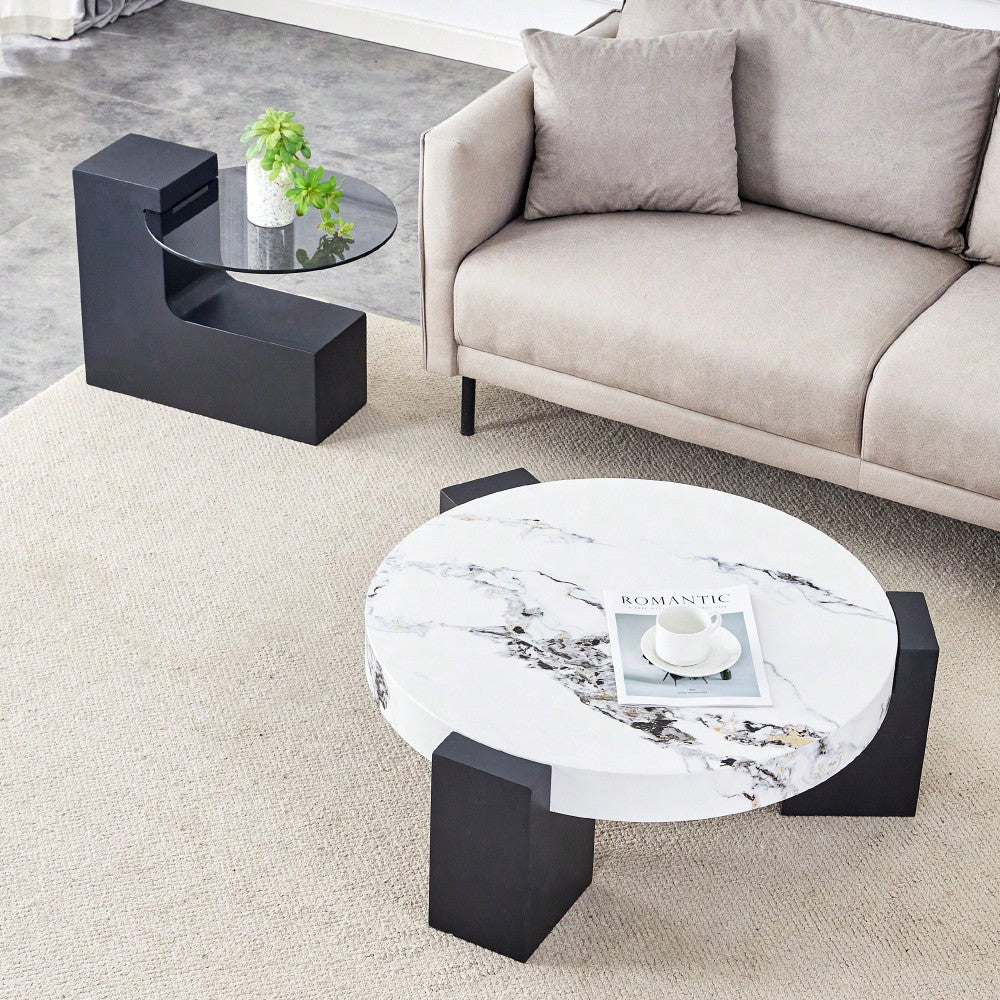 Modern Double-Layer Round Coffee Table With Transparent Gray Glass Top And Black MDF L-Shaped Legs Flexible Detachable Design
