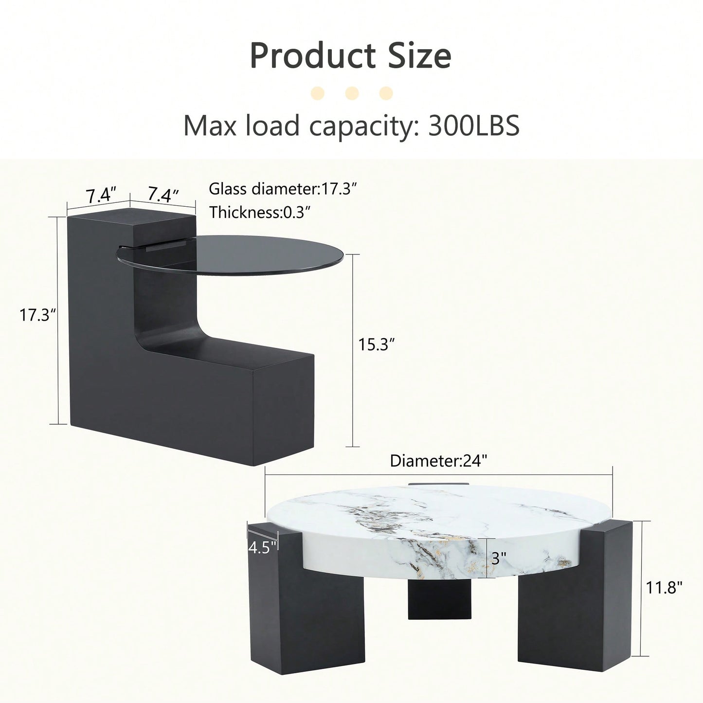 Modern Double-Layer Round Coffee Table With Transparent Gray Glass Top And Black MDF L-Shaped Legs Flexible Detachable Design