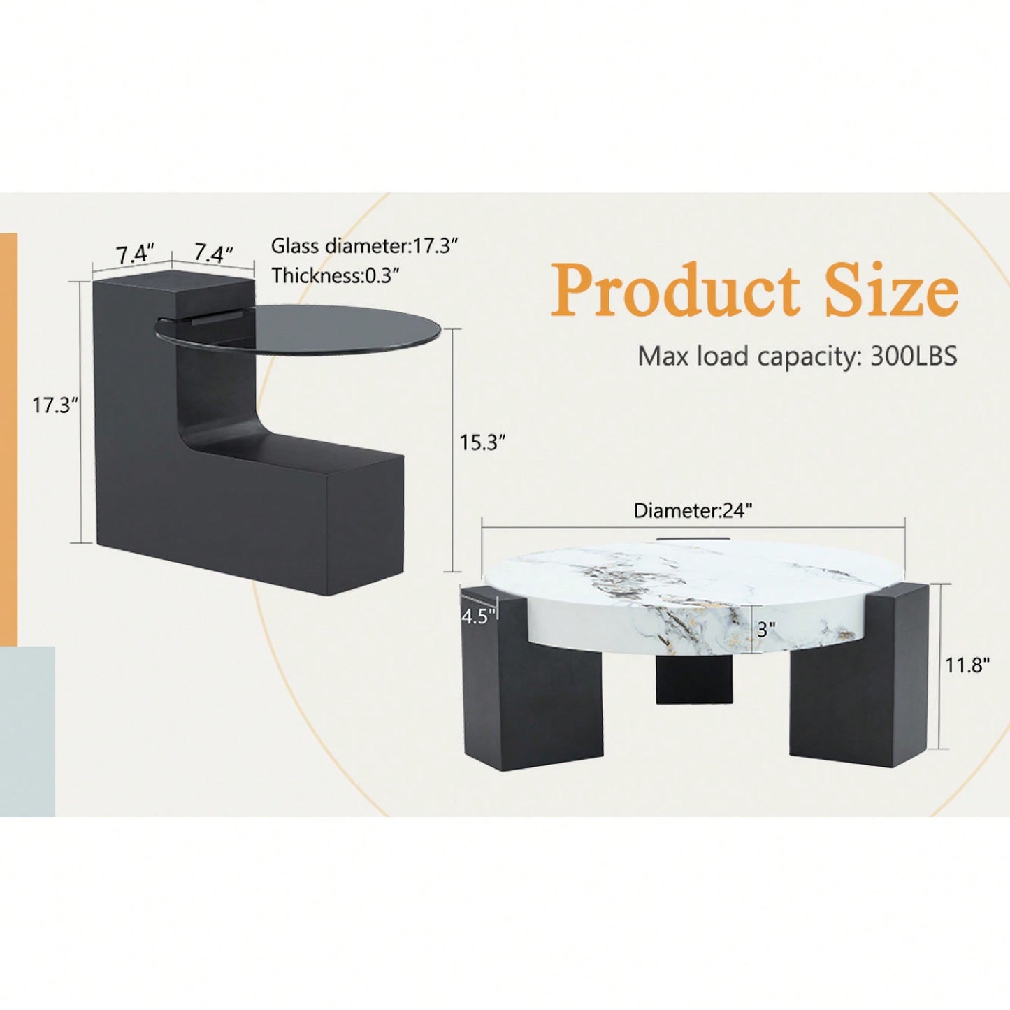 Modern Double-Layer Round Coffee Table With Transparent Gray Glass Top And Black MDF L-Shaped Legs Flexible Detachable Design