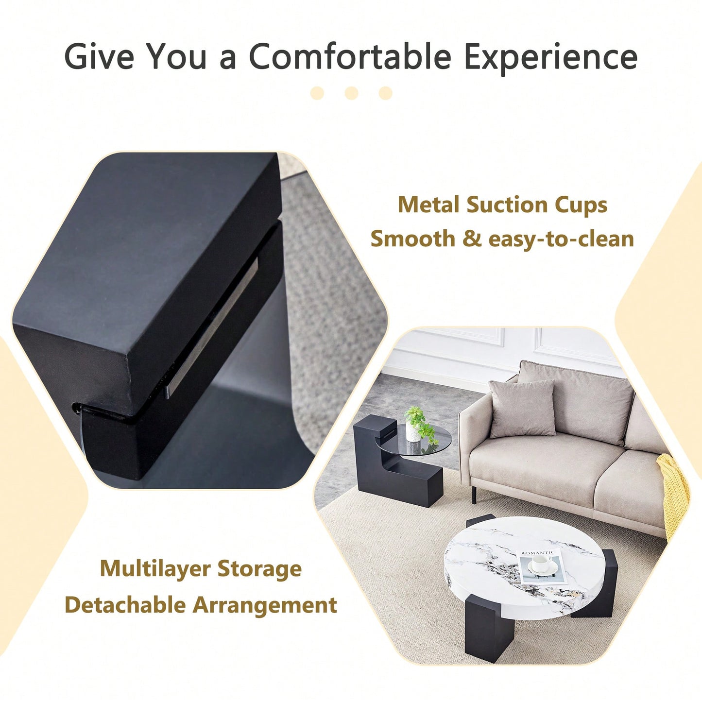Modern Double-Layer Round Coffee Table With Transparent Gray Glass Top And Black MDF L-Shaped Legs Flexible Detachable Design