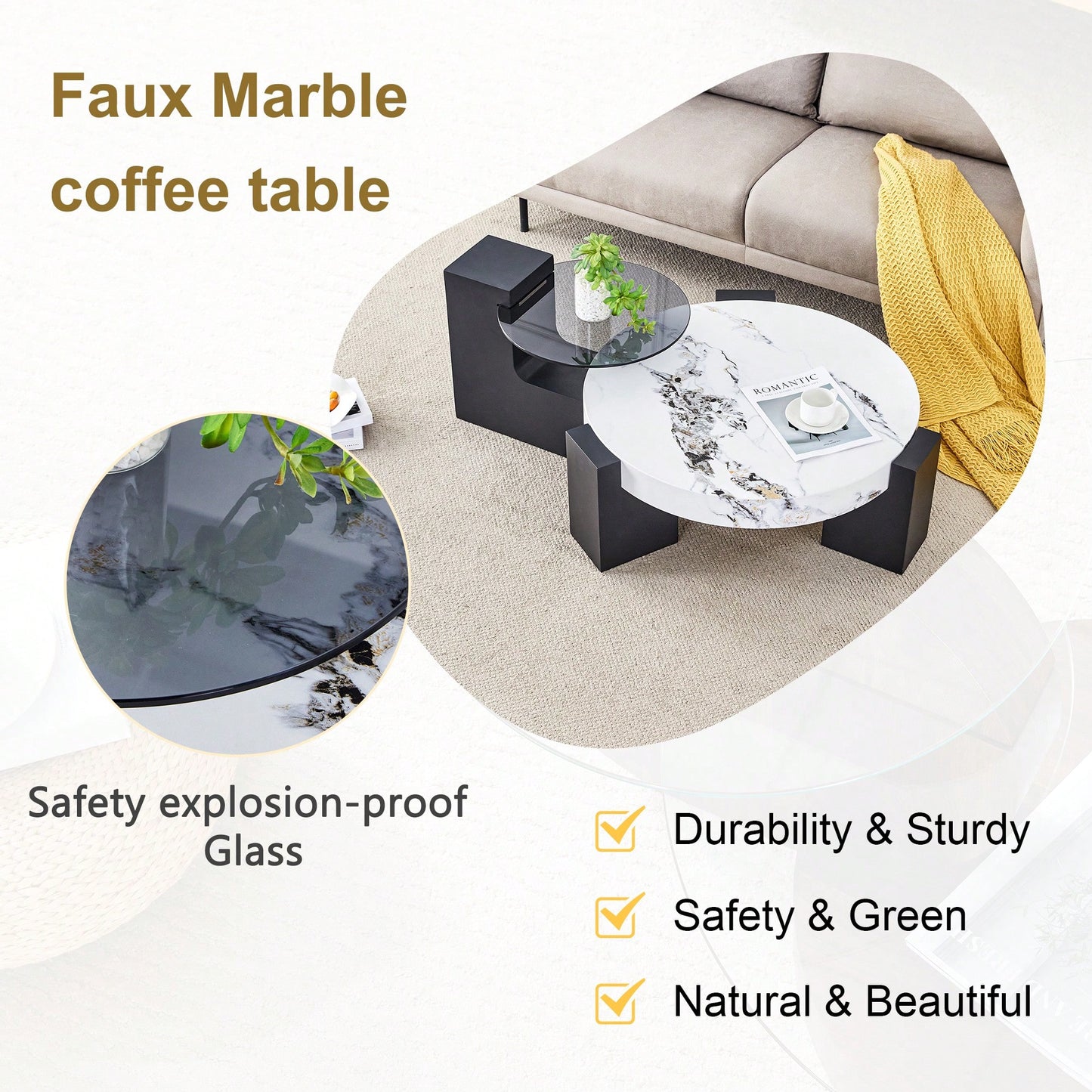 Modern Double-Layer Round Coffee Table With Transparent Gray Glass Top And Black MDF L-Shaped Legs Flexible Detachable Design