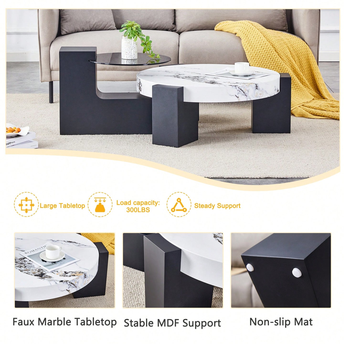 Modern Double-Layer Round Coffee Table With Transparent Gray Glass Top And Black MDF L-Shaped Legs Flexible Detachable Design