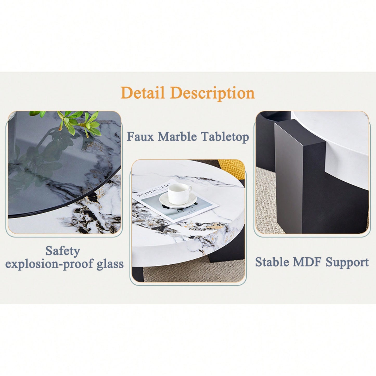 Modern Double-Layer Round Coffee Table With Transparent Gray Glass Top And Black MDF L-Shaped Legs Flexible Detachable Design