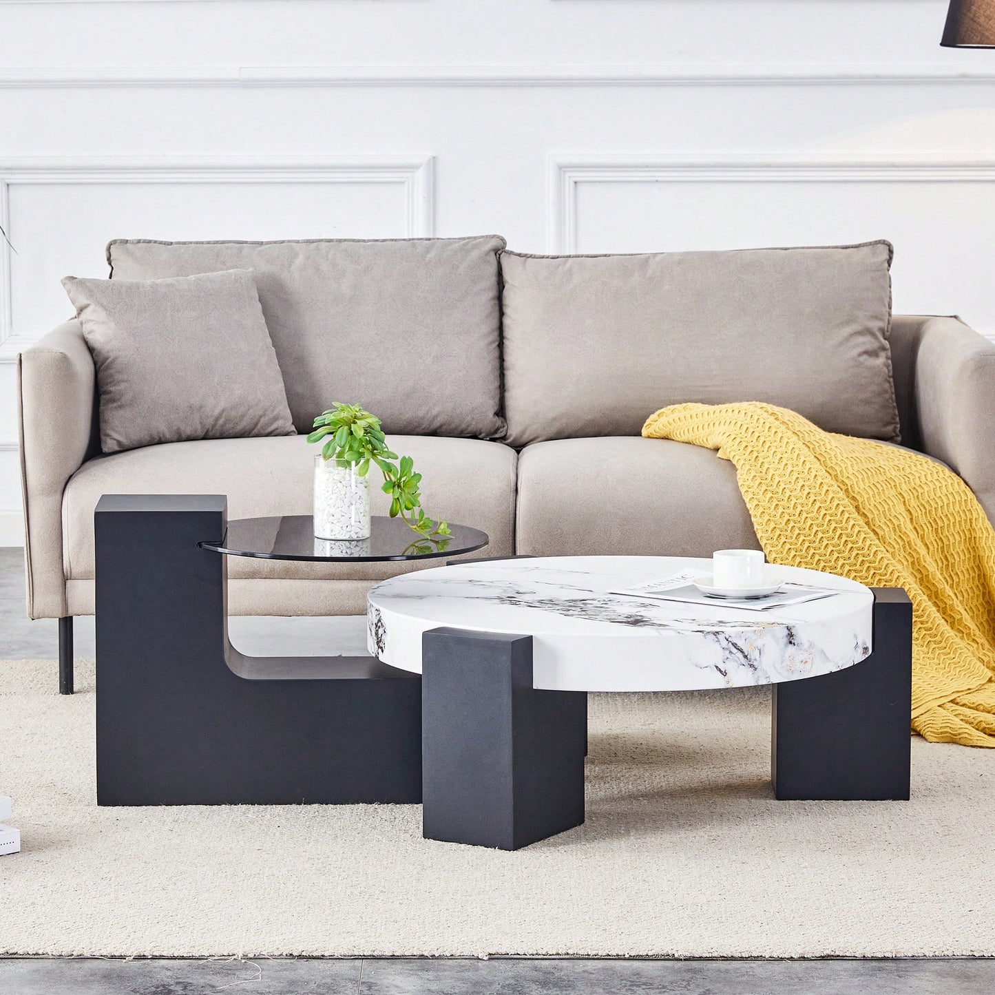 Modern Double-Layer Round Coffee Table With Transparent Gray Glass Top And Black MDF L-Shaped Legs Flexible Detachable Design