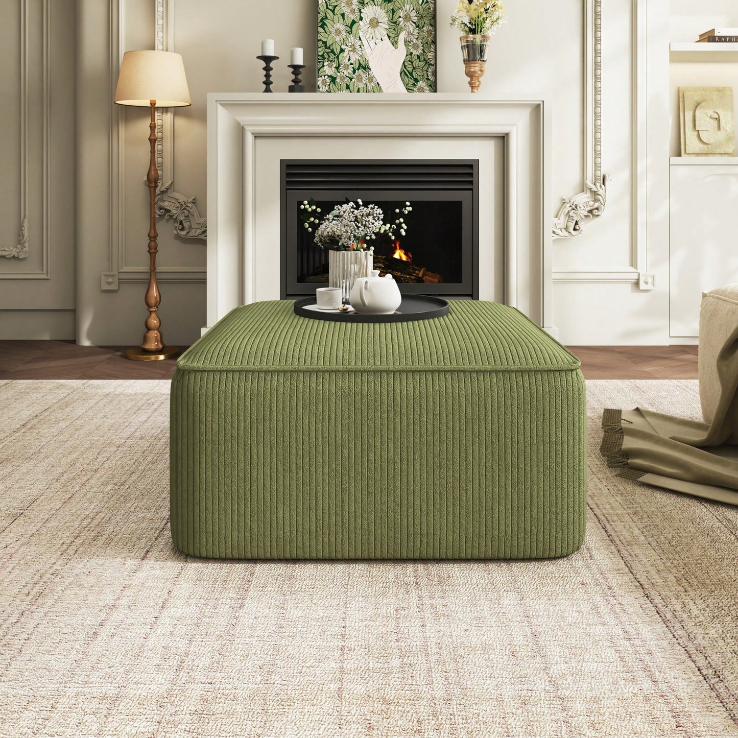 Corduroy Square Ottoman For Stylish Home Decor Olive Green